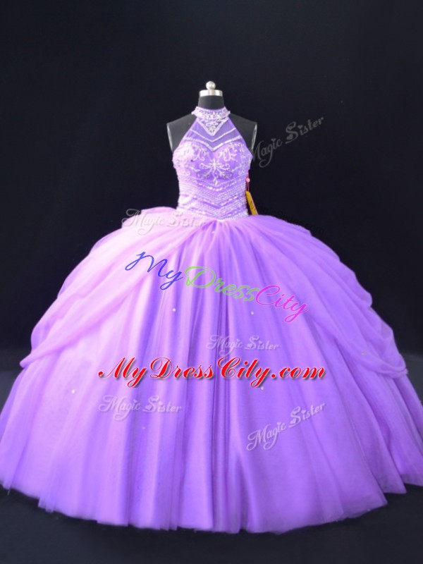 Clearance Lavender Tulle Quinceanera Gown Sleeveless Floor Length Beading and Pick Ups