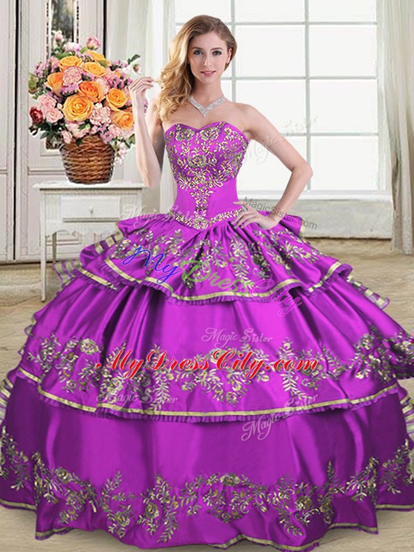 Inexpensive Purple Ball Gowns Embroidery and Ruffled Layers Quince Ball Gowns Lace Up Organza Sleeveless Floor Length