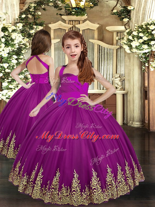 Asymmetrical Purple Girls Pageant Dresses Straps Sleeveless Lace Up