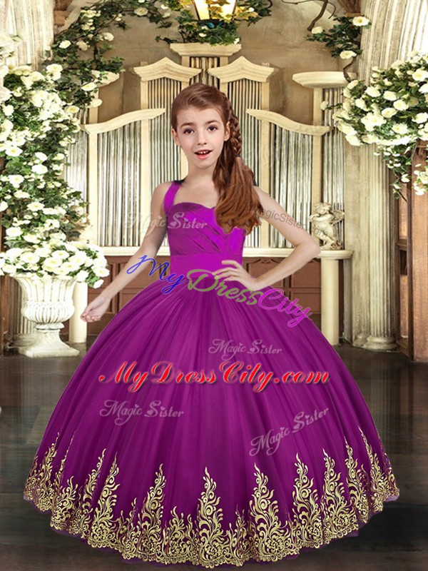 Asymmetrical Purple Girls Pageant Dresses Straps Sleeveless Lace Up