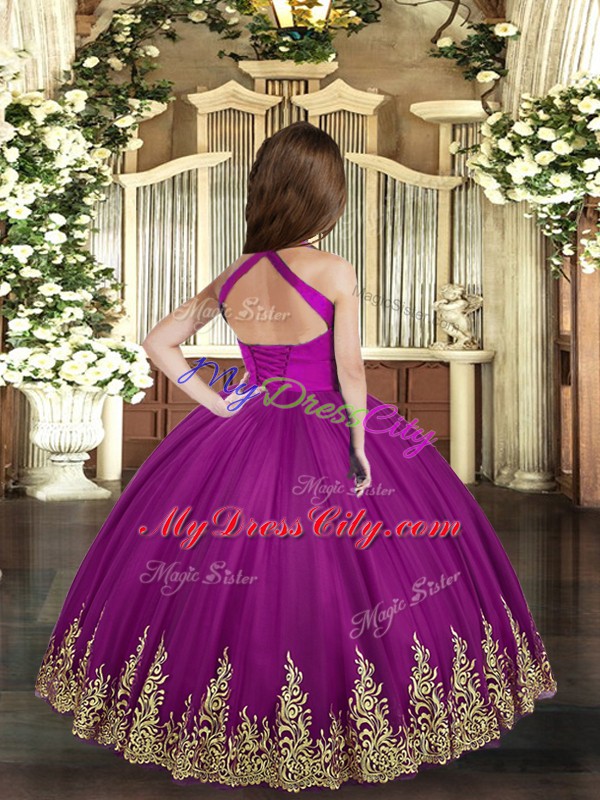 Asymmetrical Purple Girls Pageant Dresses Straps Sleeveless Lace Up