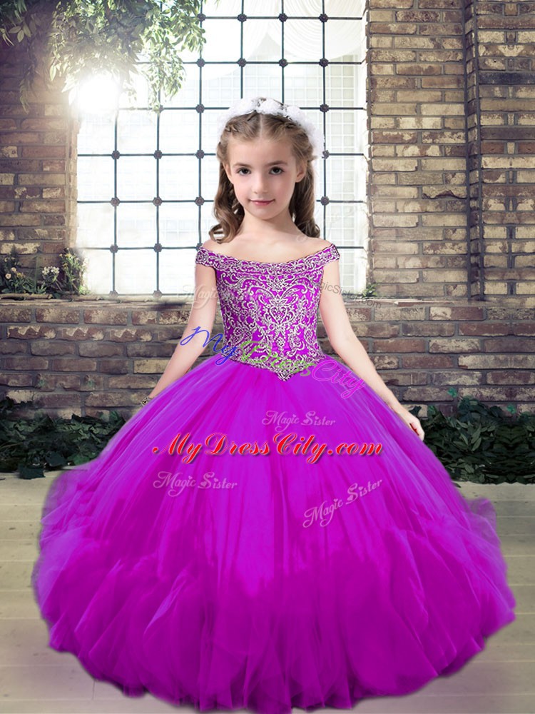 Customized Fuchsia Tulle Lace Up Off The Shoulder Sleeveless Floor Length Pageant Dress Womens Beading