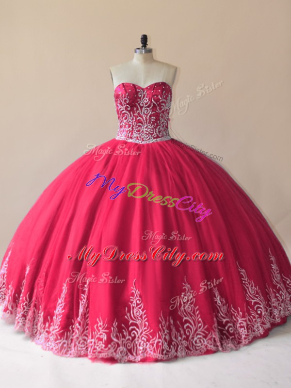 Red Lace Up 15th Birthday Dress Embroidery Sleeveless Floor Length