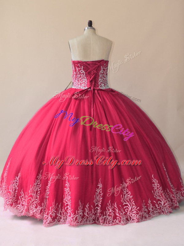 Red Lace Up 15th Birthday Dress Embroidery Sleeveless Floor Length