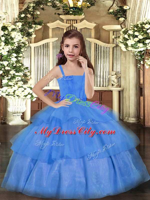 Blue Ball Gowns Ruffled Layers Little Girls Pageant Dress Lace Up Tulle Sleeveless Floor Length