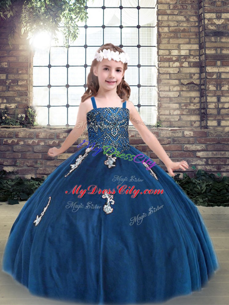 Excellent Blue Tulle Lace Up Glitz Pageant Dress Sleeveless Floor Length Appliques