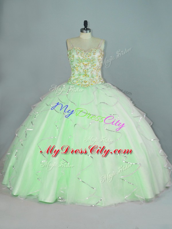 Apple Green Organza Lace Up Straps Sleeveless Floor Length Quinceanera Dresses Beading and Ruffles