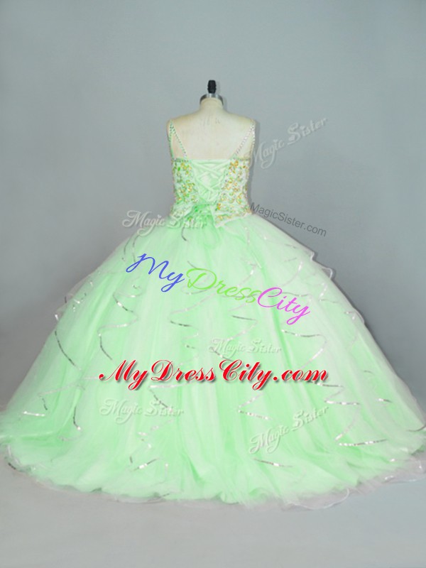 Apple Green Organza Lace Up Straps Sleeveless Floor Length Quinceanera Dresses Beading and Ruffles