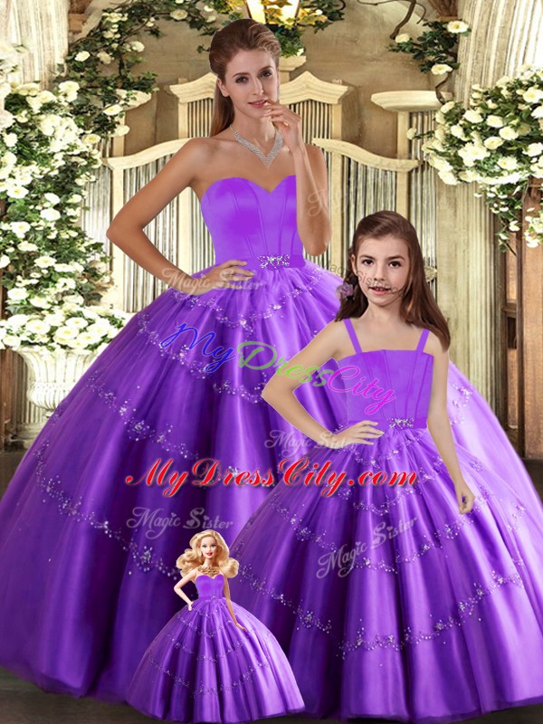 Luxury Floor Length Eggplant Purple Sweet 16 Dresses Tulle Sleeveless Beading