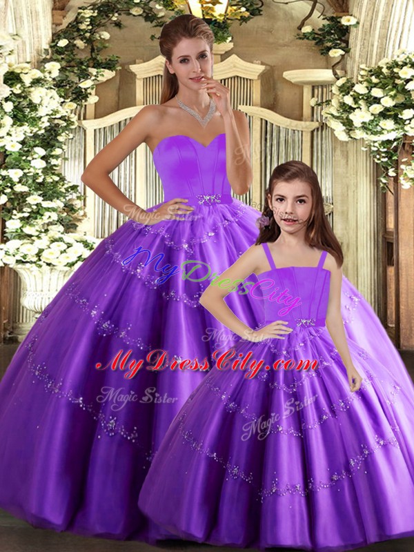 Luxury Floor Length Eggplant Purple Sweet 16 Dresses Tulle Sleeveless Beading