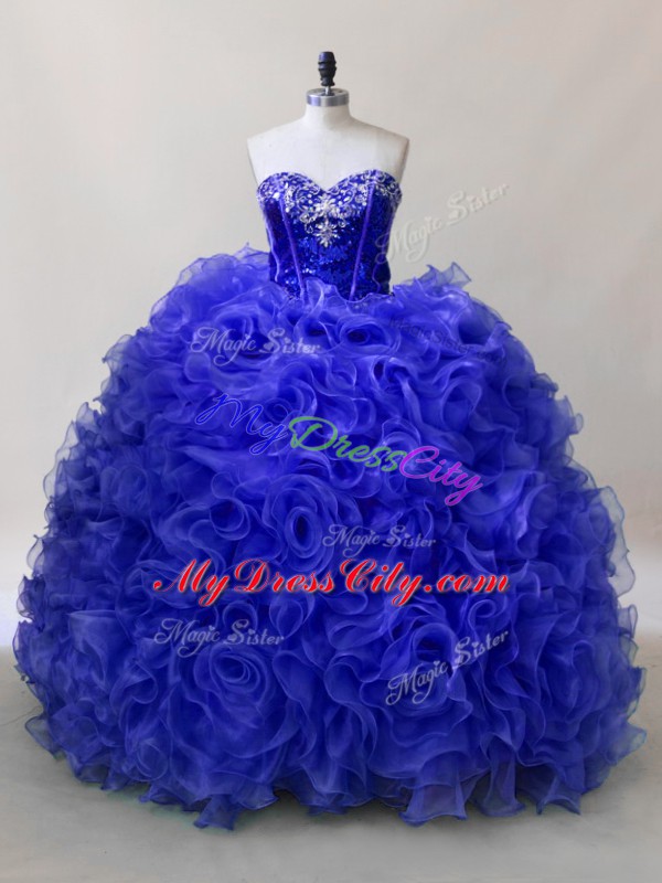 Royal Blue Ball Gowns Ruffles and Sequins 15 Quinceanera Dress Lace Up Fabric With Rolling Flowers Sleeveless Floor Length