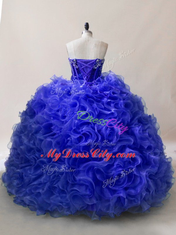 Royal Blue Ball Gowns Ruffles and Sequins 15 Quinceanera Dress Lace Up Fabric With Rolling Flowers Sleeveless Floor Length