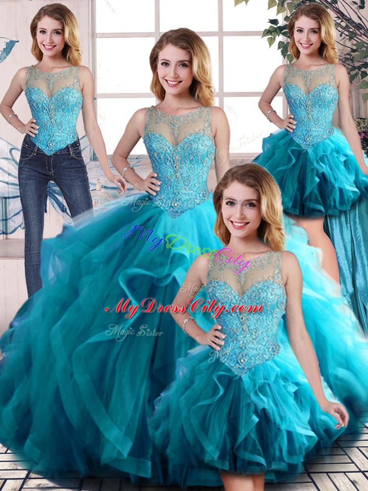 Luxurious Aqua Blue Sleeveless Tulle Lace Up 15 Quinceanera Dress for Sweet 16 and Quinceanera