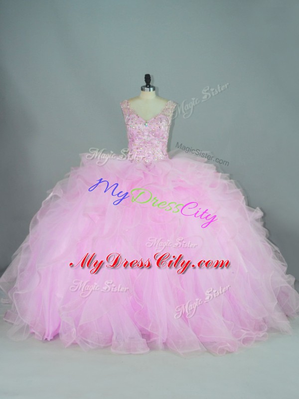 Custom Fit Lilac Ball Gowns Beading and Ruffles Vestidos de Quinceanera Lace Up Tulle Sleeveless