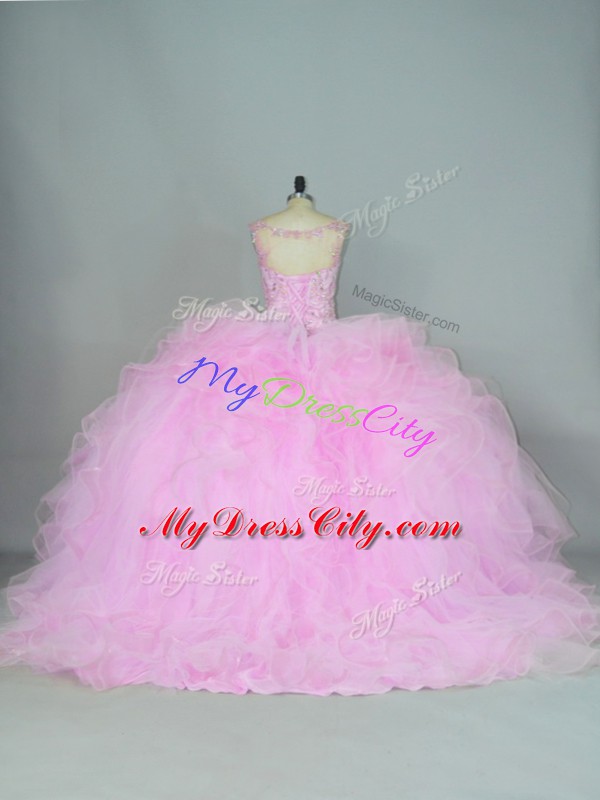 Custom Fit Lilac Ball Gowns Beading and Ruffles Vestidos de Quinceanera Lace Up Tulle Sleeveless