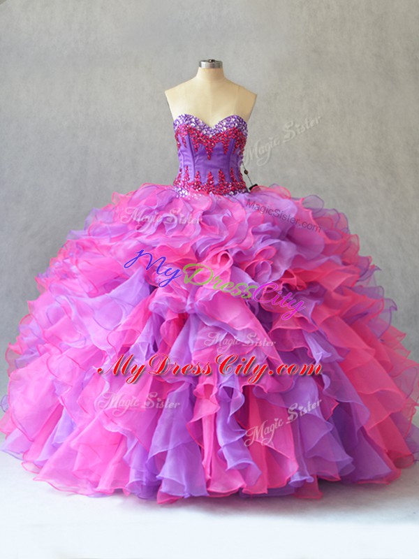 Multi-color Ball Gowns Sweetheart Sleeveless Organza Lace Up Beading and Ruffles Quince Ball Gowns