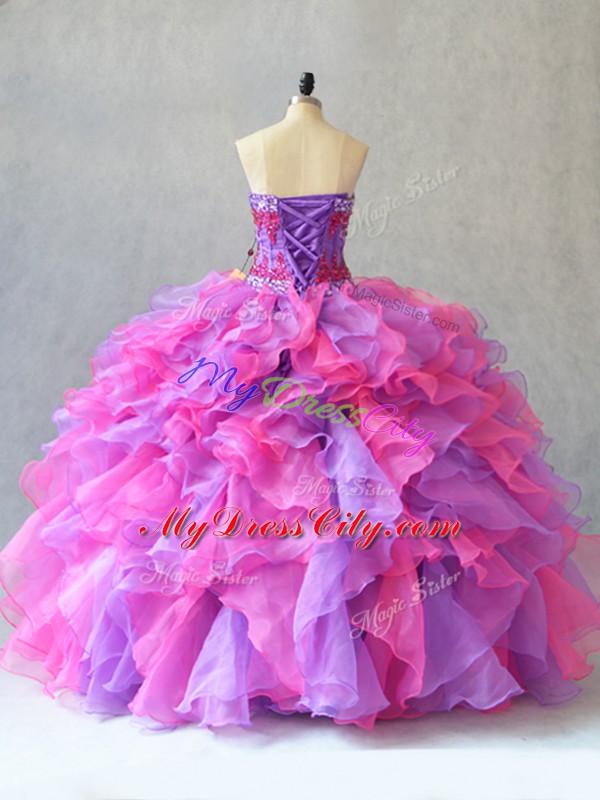 Multi-color Ball Gowns Sweetheart Sleeveless Organza Lace Up Beading and Ruffles Quince Ball Gowns