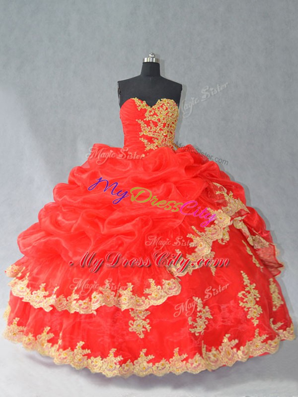 Red Ball Gowns Organza Sweetheart Sleeveless Lace and Appliques and Pick Ups Floor Length Lace Up Quince Ball Gowns