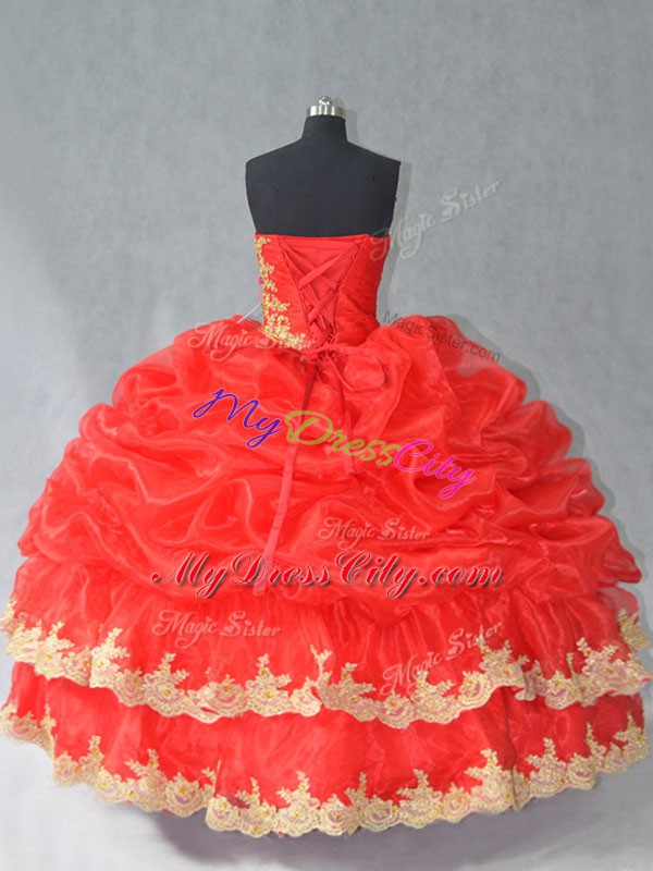 Red Ball Gowns Organza Sweetheart Sleeveless Lace and Appliques and Pick Ups Floor Length Lace Up Quince Ball Gowns