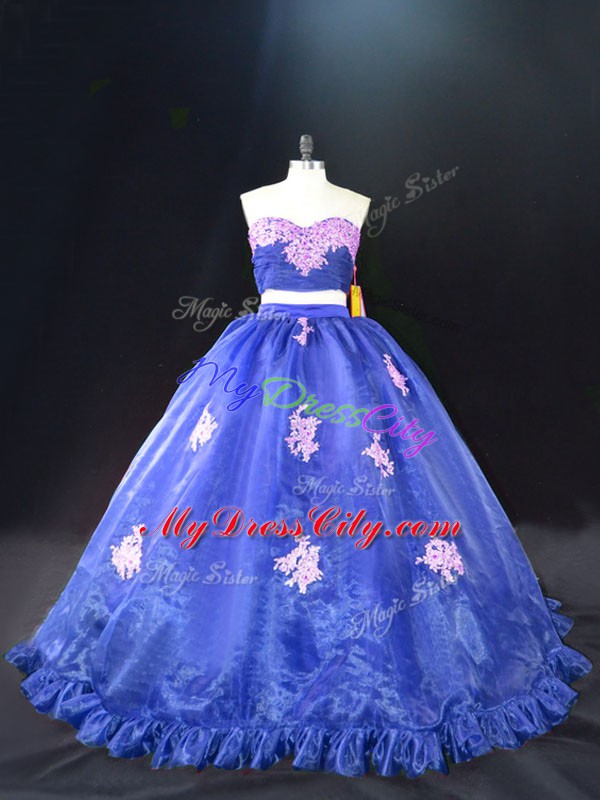 Affordable Appliques Ball Gown Prom Dress Blue Zipper Sleeveless Brush Train