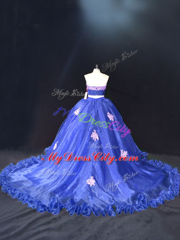 Affordable Appliques Ball Gown Prom Dress Blue Zipper Sleeveless Brush Train