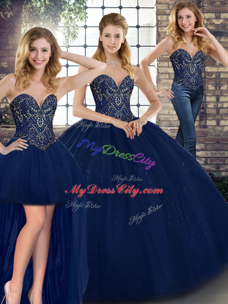 Clearance Floor Length Navy Blue Quinceanera Gowns Tulle Sleeveless Beading