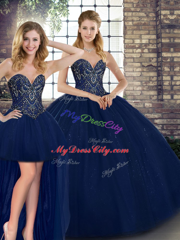 Clearance Floor Length Navy Blue Quinceanera Gowns Tulle Sleeveless Beading