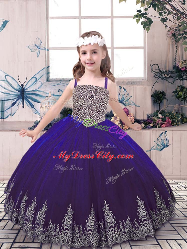 Floor Length Purple Child Pageant Dress Straps Sleeveless Lace Up