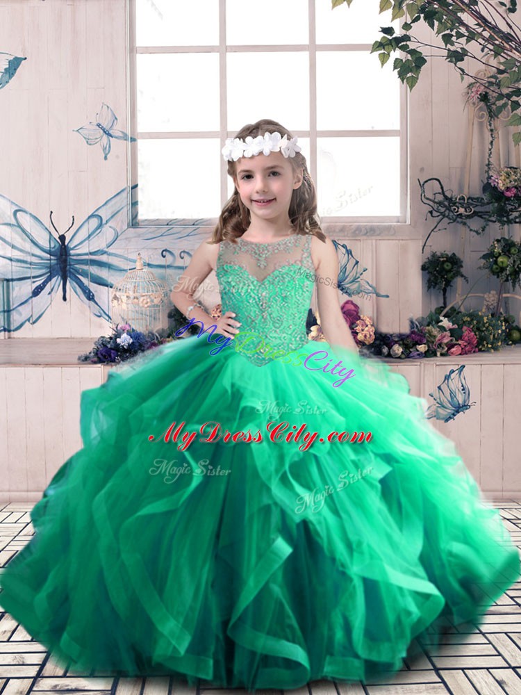 Excellent Scoop Sleeveless Tulle Little Girls Pageant Gowns Beading and Ruffles Lace Up