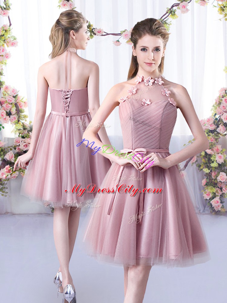 Adorable Knee Length A-line Sleeveless Pink Bridesmaid Gown Lace Up