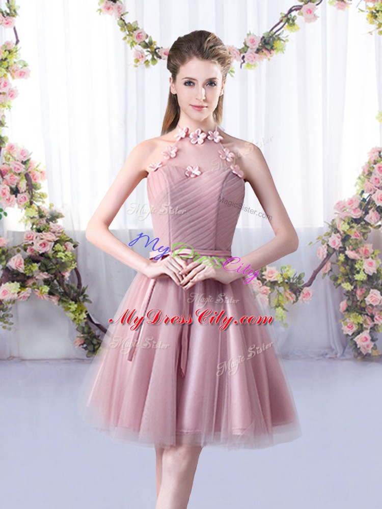 Adorable Knee Length A-line Sleeveless Pink Bridesmaid Gown Lace Up