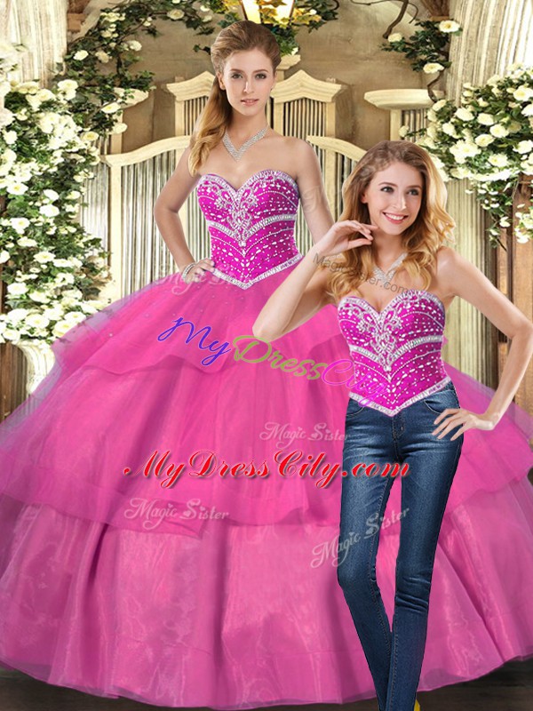 Hot Pink Lace Up Sweetheart Beading Quinceanera Dress Tulle Sleeveless