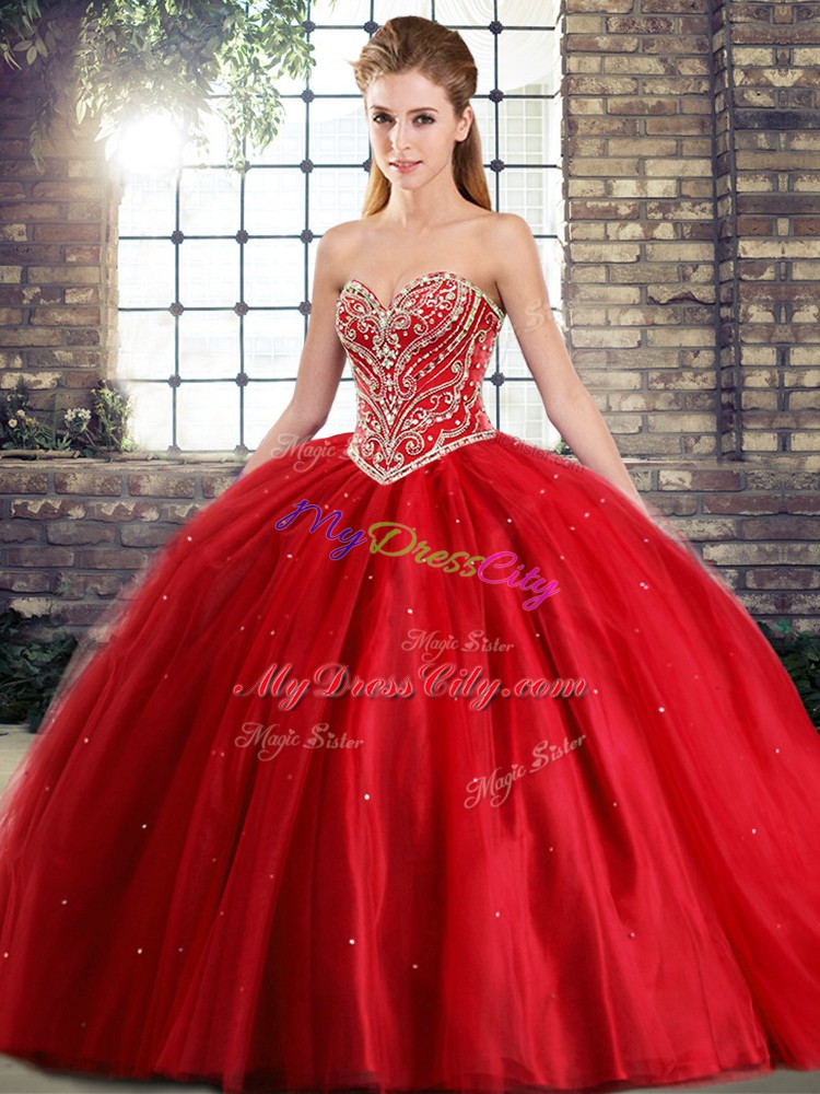 Red Ball Gowns Tulle Sweetheart Sleeveless Beading Lace Up Quince Ball Gowns Brush Train