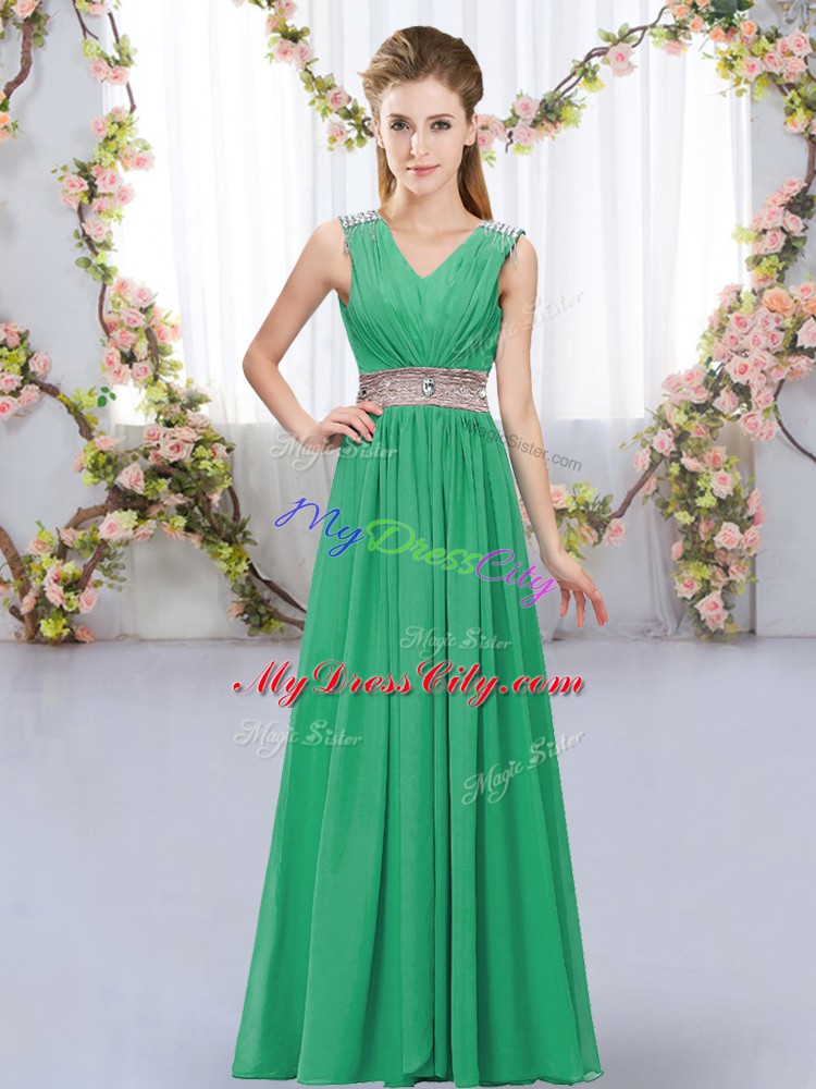 Turquoise Empire Chiffon V-neck Sleeveless Beading and Belt Floor Length Lace Up Quinceanera Court Dresses