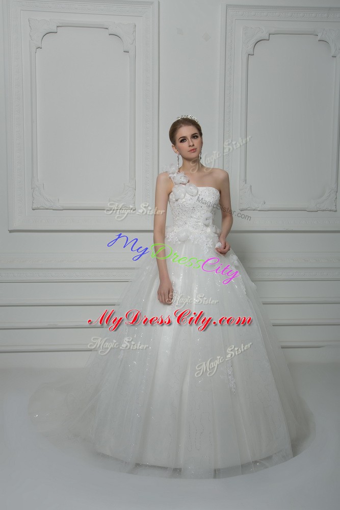 White Wedding Gowns Tulle Brush Train Sleeveless Beading and Lace and Hand Made Flower