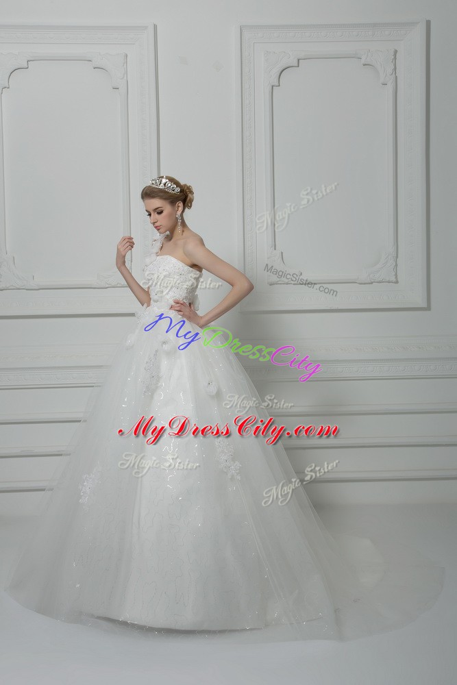 White Wedding Gowns Tulle Brush Train Sleeveless Beading and Lace and Hand Made Flower