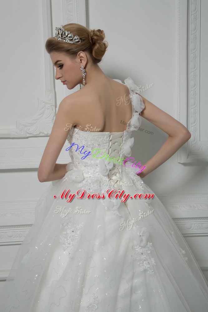 White Wedding Gowns Tulle Brush Train Sleeveless Beading and Lace and Hand Made Flower