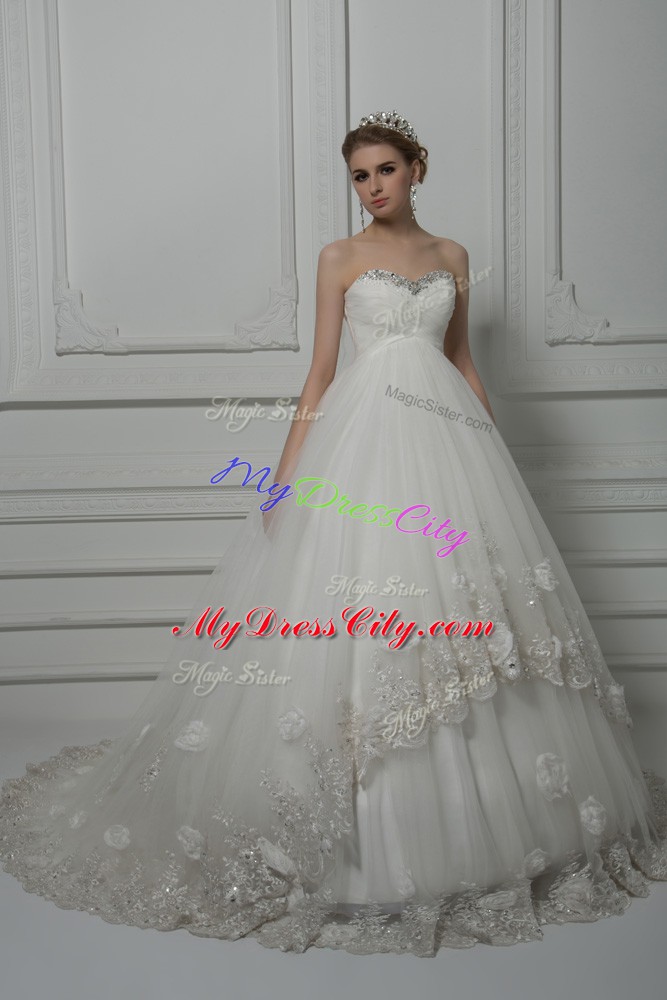 Colorful White Sleeveless Beading and Lace and Hand Made Flower Lace Up Wedding Gown