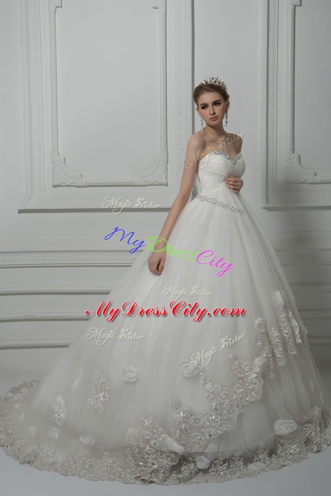 Colorful White Sleeveless Beading and Lace and Hand Made Flower Lace Up Wedding Gown