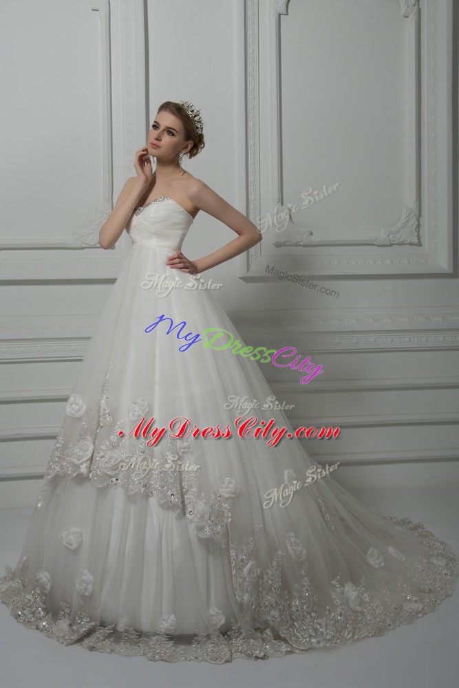 Colorful White Sleeveless Beading and Lace and Hand Made Flower Lace Up Wedding Gown