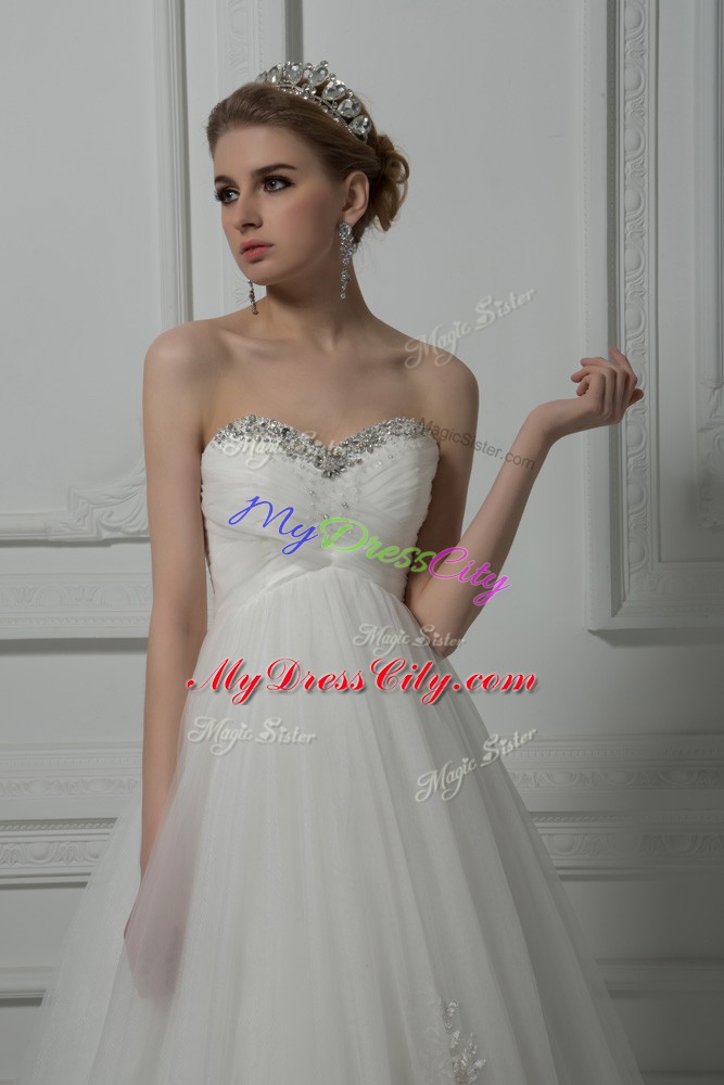 Colorful White Sleeveless Beading and Lace and Hand Made Flower Lace Up Wedding Gown