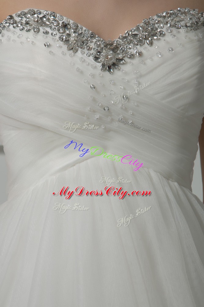 Colorful White Sleeveless Beading and Lace and Hand Made Flower Lace Up Wedding Gown