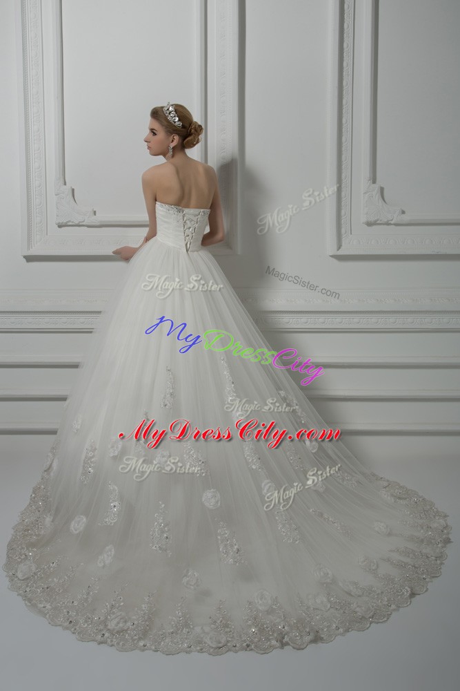 Colorful White Sleeveless Beading and Lace and Hand Made Flower Lace Up Wedding Gown