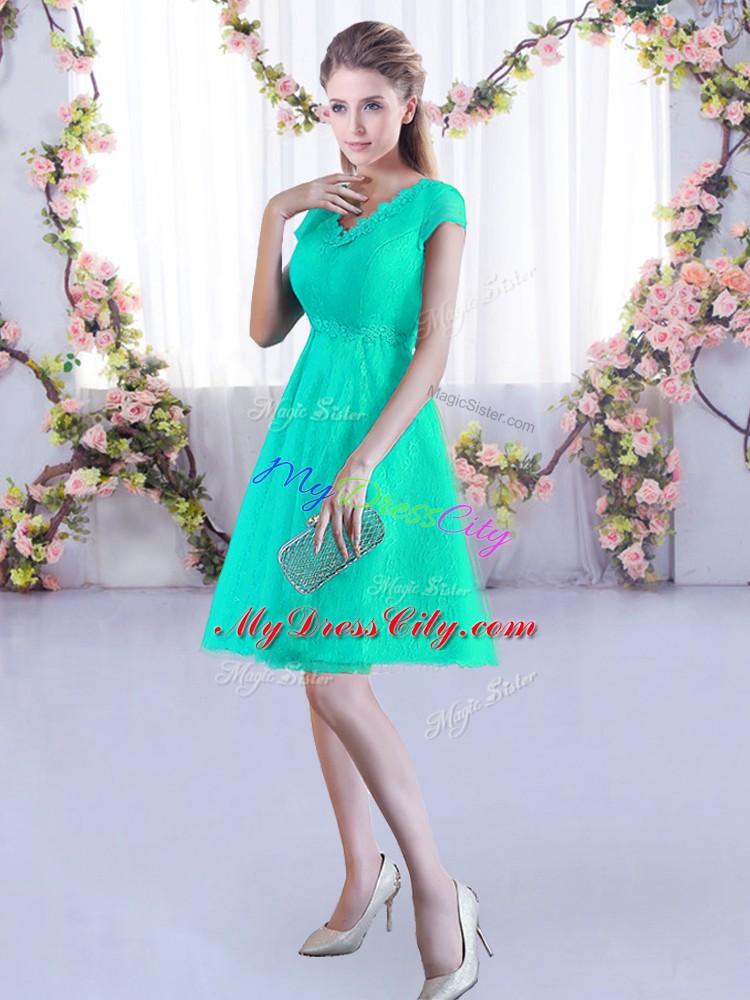 Captivating Turquoise Lace Up V-neck Ruching Court Dresses for Sweet 16 Lace Cap Sleeves