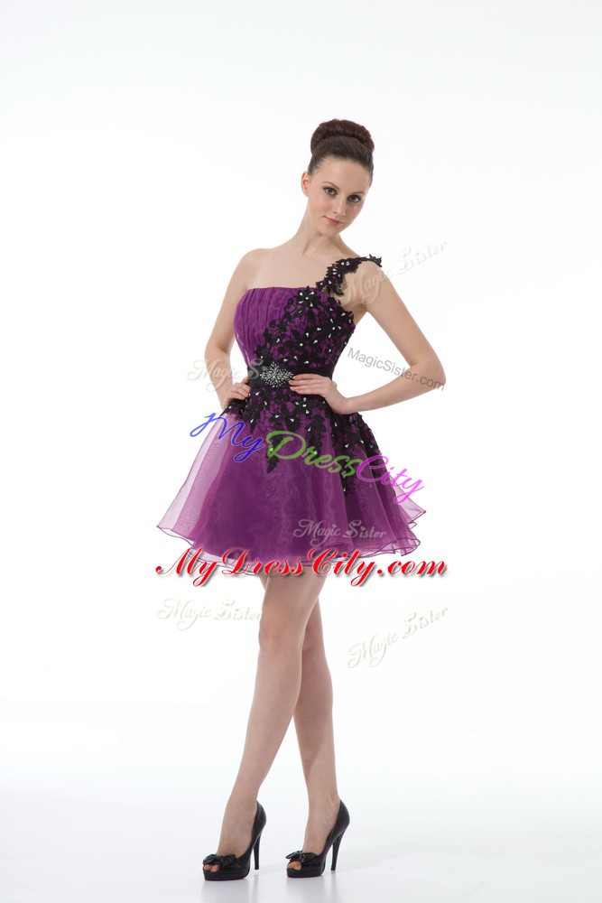 Beauteous Eggplant Purple Organza Zipper One Shoulder Sleeveless Mini Length Beading and Lace and Appliques