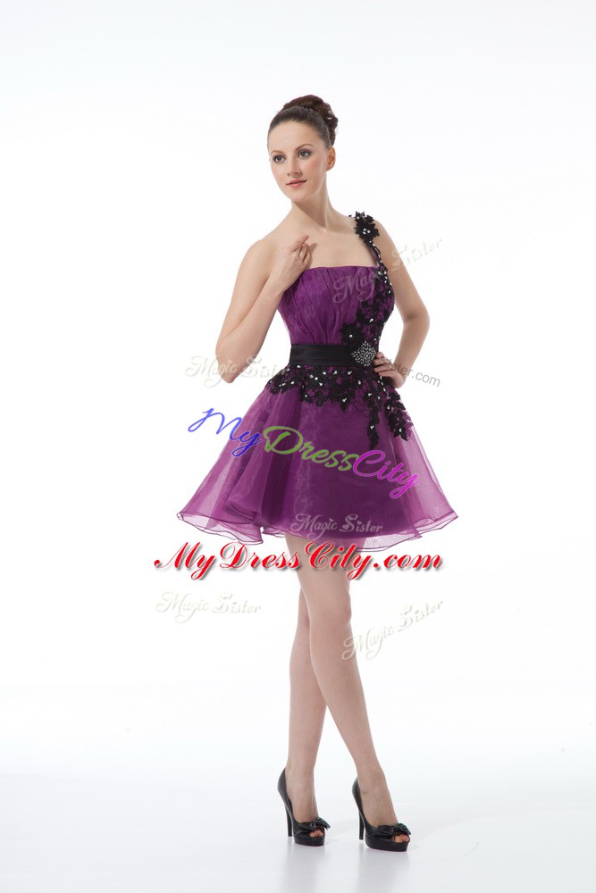 Beauteous Eggplant Purple Organza Zipper One Shoulder Sleeveless Mini Length Beading and Lace and Appliques