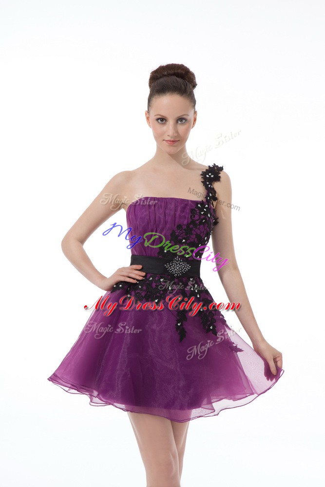 Beauteous Eggplant Purple Organza Zipper One Shoulder Sleeveless Mini Length Beading and Lace and Appliques