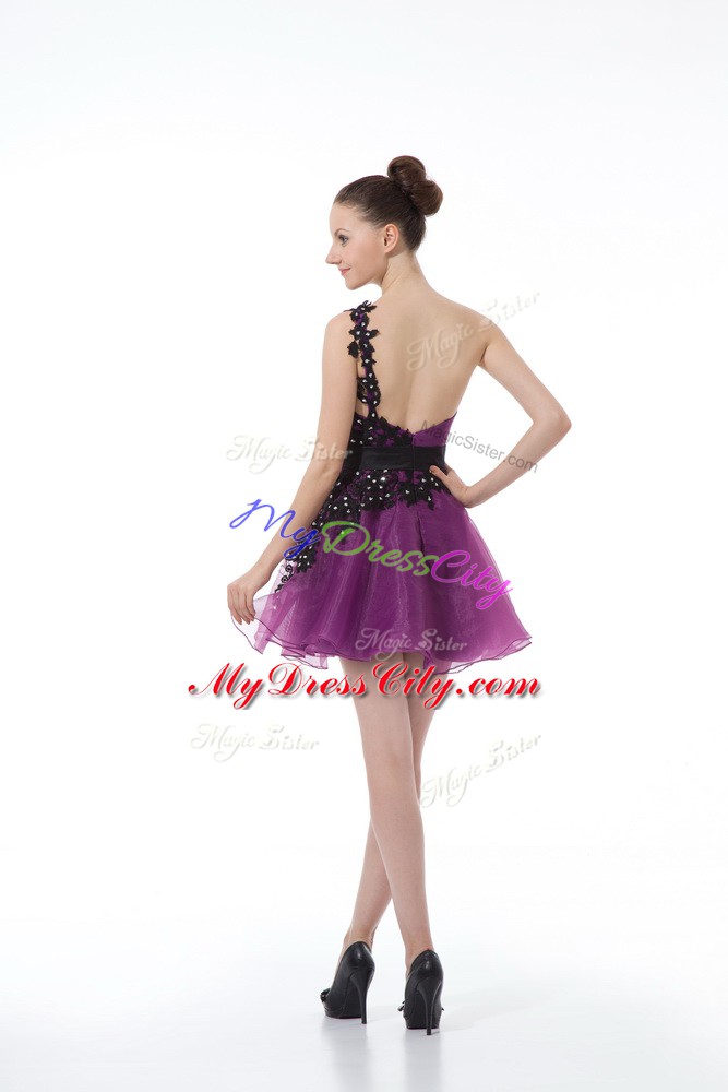 Beauteous Eggplant Purple Organza Zipper One Shoulder Sleeveless Mini Length Beading and Lace and Appliques