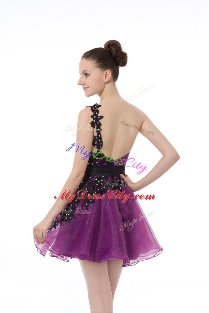 Beauteous Eggplant Purple Organza Zipper One Shoulder Sleeveless Mini Length Beading and Lace and Appliques