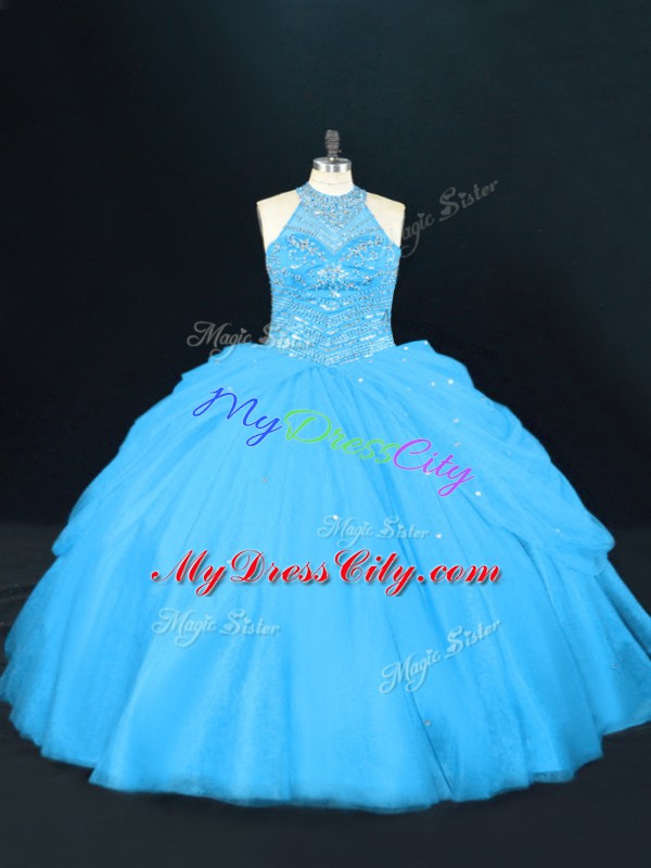 Halter Top Sleeveless Quinceanera Gown Floor Length Beading Aqua Blue Tulle